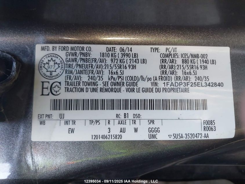 2014 Ford Focus Se VIN: 1FADP3F25EL342840 Lot: 12395034