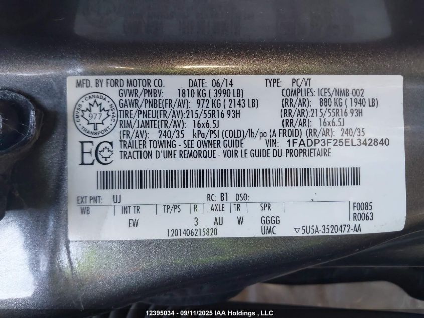 2014 Ford Focus Se VIN: 1FADP3F25EL342840 Lot: 12395034