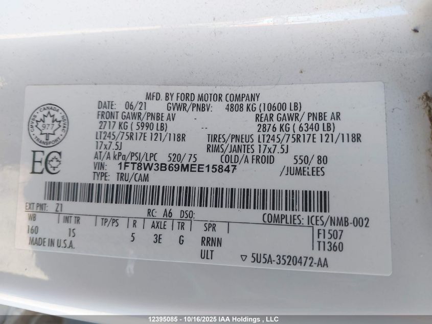 2021 Ford F-350 Xl VIN: 1FT8W3B69MEE15847 Lot: 12395085