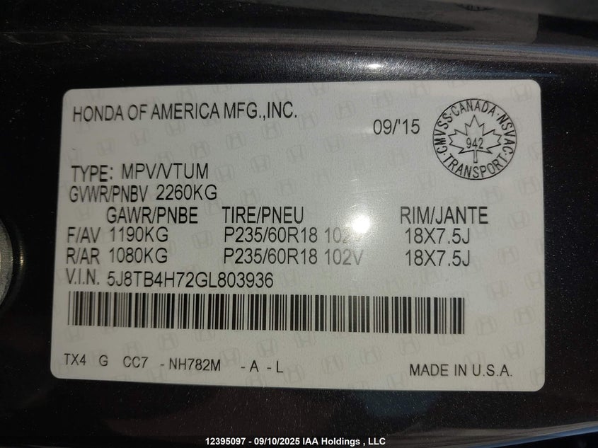 5J8TB4H72GL803936 2016 ACURA RDX photo no. 9