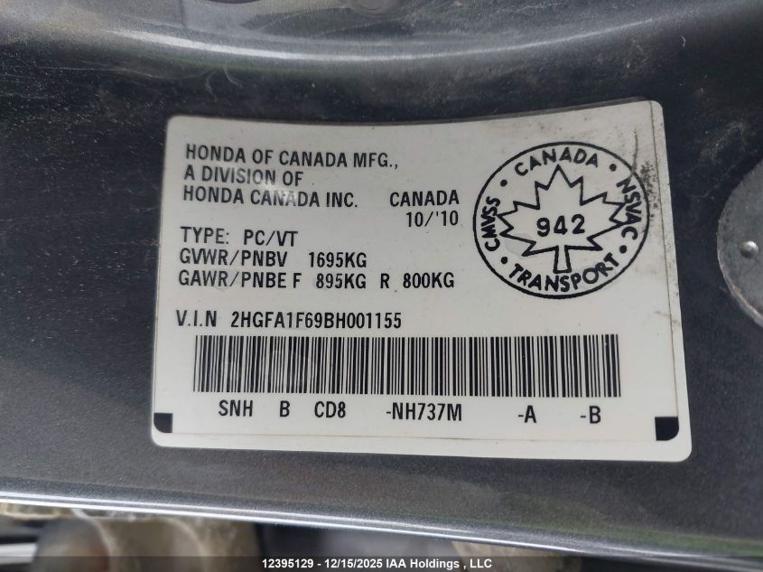 2011 Honda Civic Sdn VIN: 2HGFA1F69BH001155 Lot: 12395129