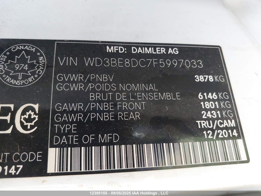 2015 Mercedes-Benz Sprinter 2500 High Roof VIN: WD3BE8DC7F5997033 Lot: 12395155