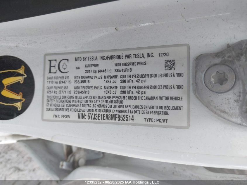 2021 Tesla Model 3 Standard Range/Standard Range Plus VIN: 5YJ3E1EA8MF852514 Lot: 12395232