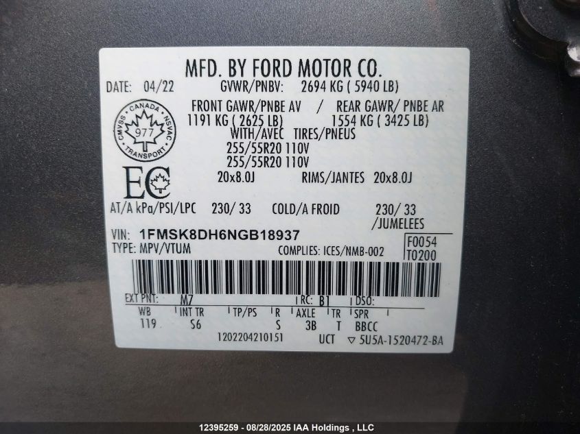 2022 Ford Explorer Xlt VIN: 1FMSK8DH6NGB18937 Lot: 12395259