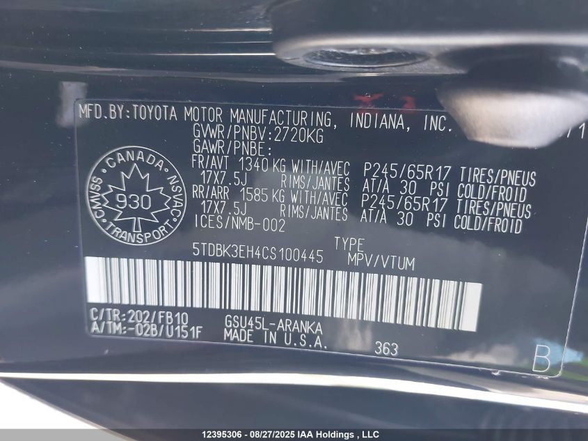 2012 Toyota Highlander V6 VIN: 5TDBK3EH4CS100445 Lot: 12395306