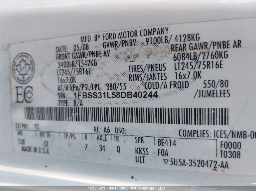 2008 Ford E-350 Super Duty Xl/Xlt VIN: 1FBSS31L58DB40244 Lot: 12395321