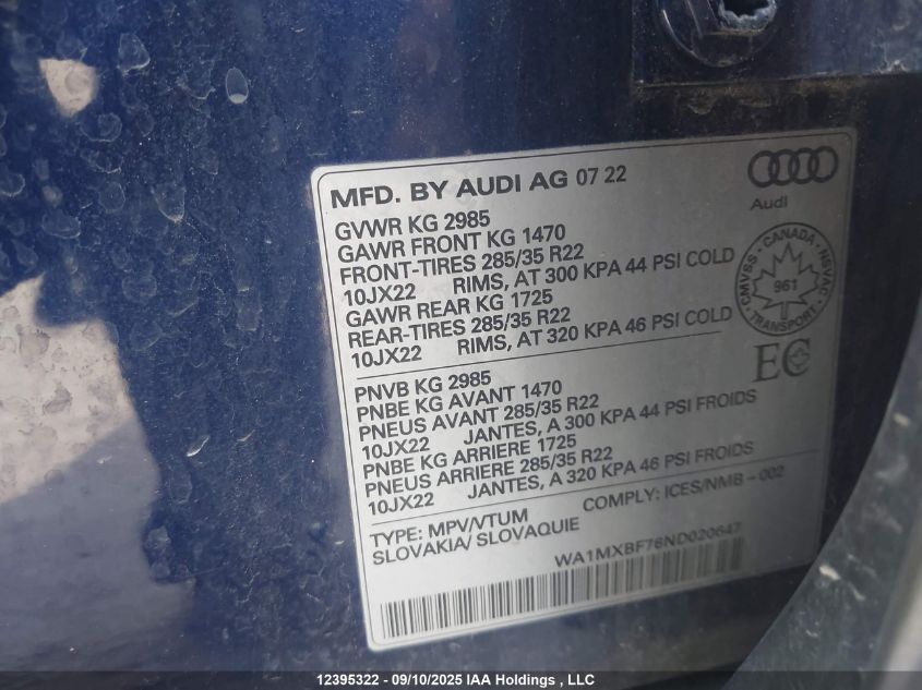 2022 Audi Q7 55 Progressiv VIN: WA1MXBF76ND020647 Lot: 12395322