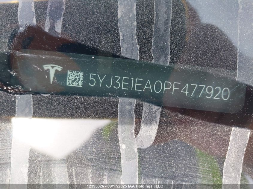 2023 Tesla Model 3 Rwd VIN: 5YJ3E1EA0PF477920 Lot: 12395326