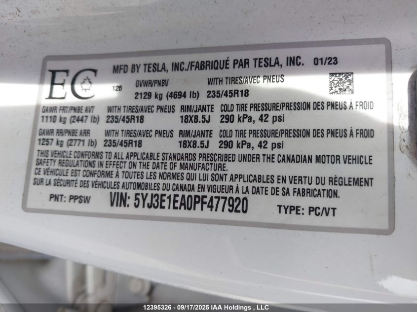2023 Tesla Model 3 Rwd VIN: 5YJ3E1EA0PF477920 Lot: 12395326