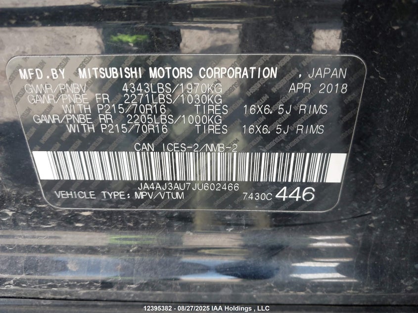 2018 Mitsubishi Rvr Se VIN: JA4AJ3AU7JU602466 Lot: 12395382