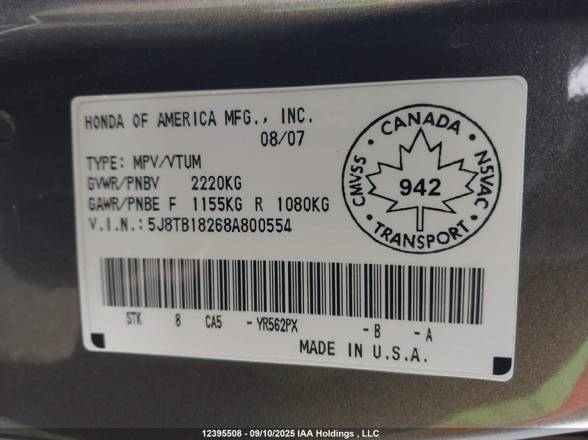 2008 Acura Rdx VIN: 5J8TB18268A800554 Lot: 12395508