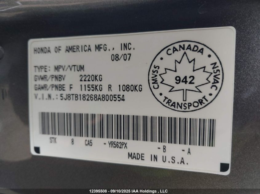 2008 Acura Rdx VIN: 5J8TB18268A800554 Lot: 12395508