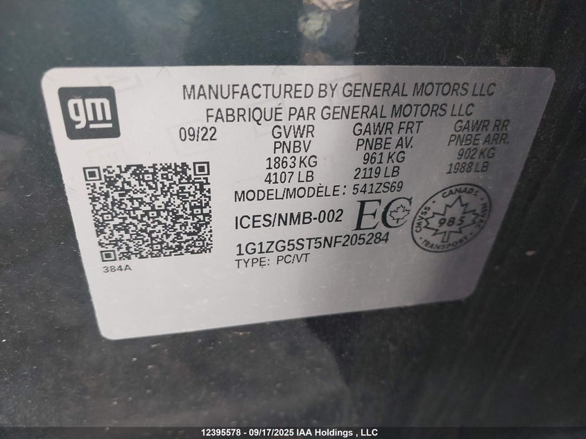 1G1ZG5ST5NF205284 2022 CHEVROLET MALIBU photo no. 9