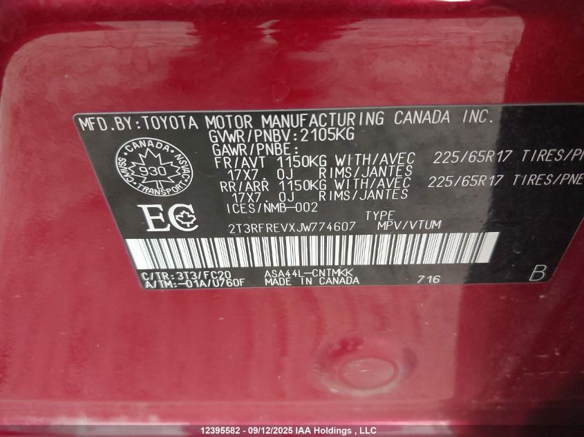 2018 Toyota Rav4 Adventure/Xle VIN: 2T3RFREVXJW774607 Lot: 12395582