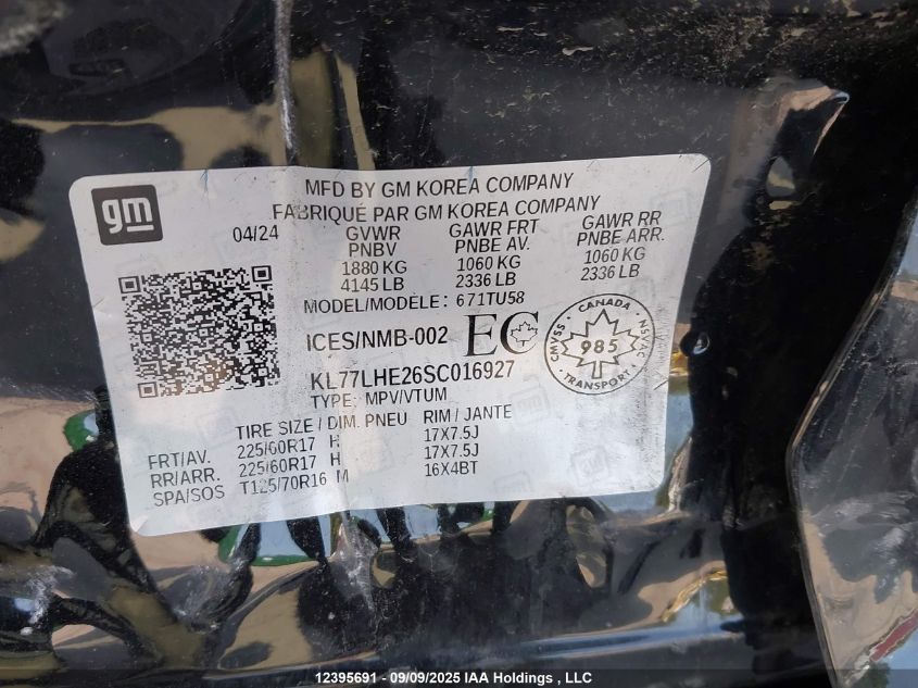 2025 Chevrolet Trax 1Lt VIN: KL77LHE26SC016927 Lot: 12395691