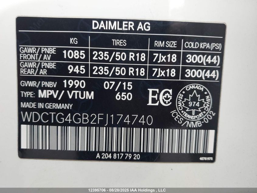 2015 Mercedes-Benz Gla 250 4Matic VIN: WDCTG4GB2FJ174740 Lot: 12395706