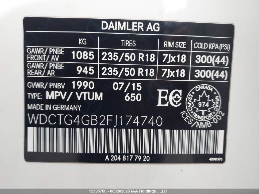 2015 Mercedes-Benz Gla 250 4Matic VIN: WDCTG4GB2FJ174740 Lot: 12395706