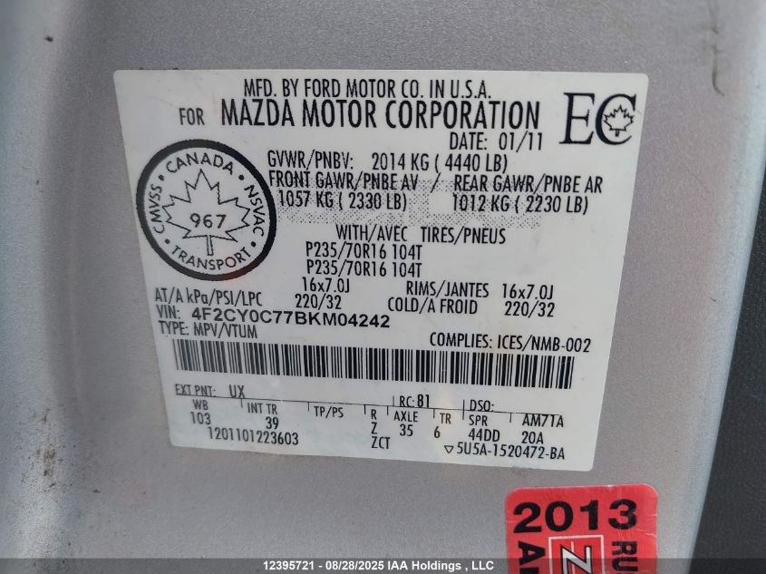 2011 Mazda Tribute I VIN: 4F2CY0C77BKM04242 Lot: 12395721