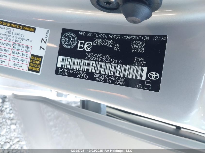 2025 Toyota Corolla Hybrid VIN: JTDBDMHE3SJ012810 Lot: 12395725