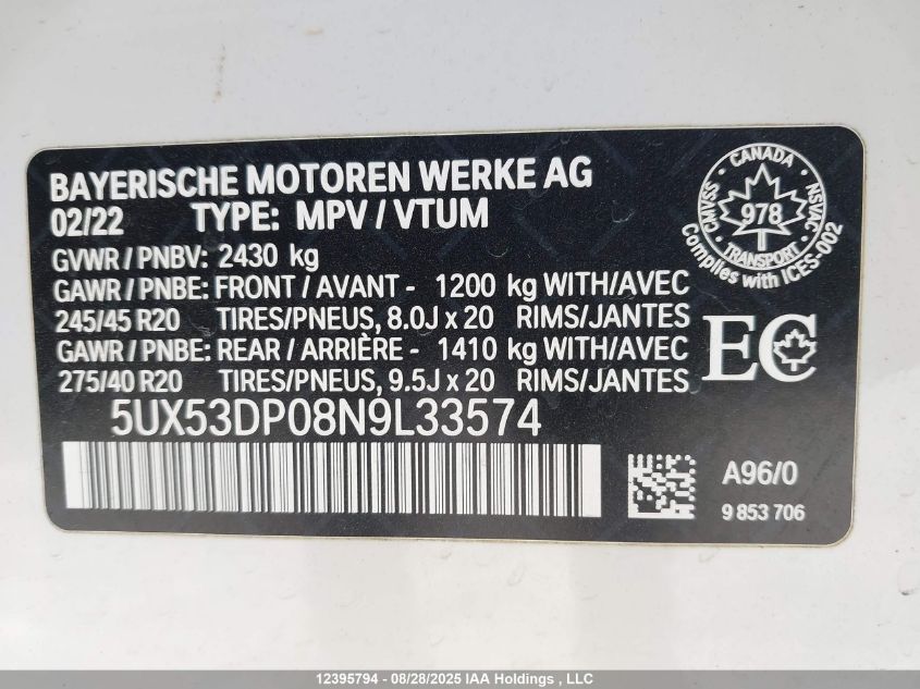 2022 BMW X3 xDrive30I VIN: 5UX53DP08N9L33574 Lot: 12395794