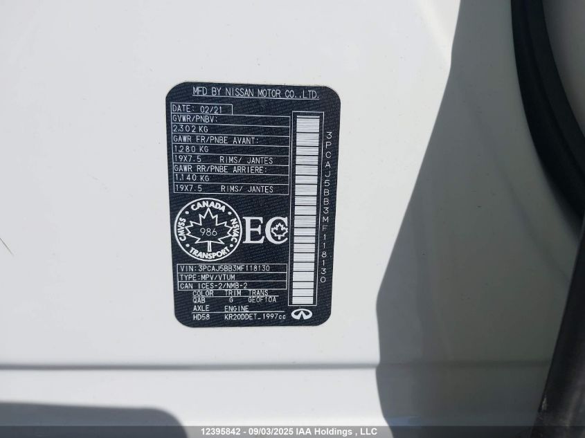 2021 Infiniti Qx50 Luxe/Luxe I-Line VIN: 3PCAJ5BB3MF118130 Lot: 12395842