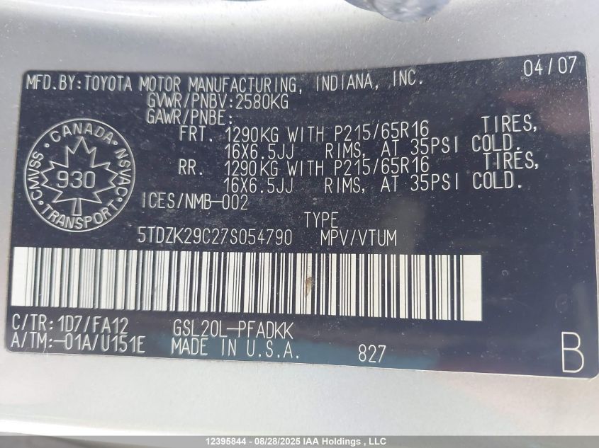2007 Toyota Sienna Ce VIN: 5TDZK29C27S054790 Lot: 12395844