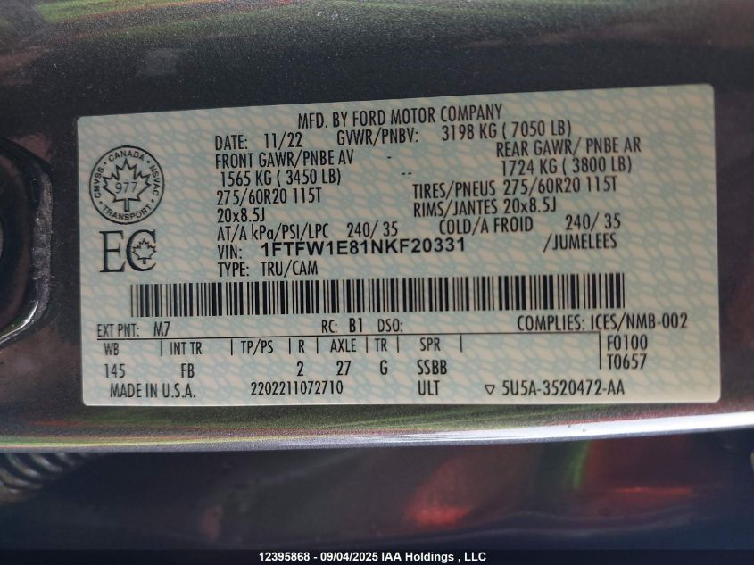 2022 Ford F150 Supercrew VIN: 1FTFW1E81NKF20331 Lot: 12395868