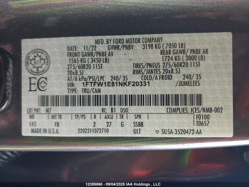 2022 Ford F150 Supercrew VIN: 1FTFW1E81NKF20331 Lot: 12395868