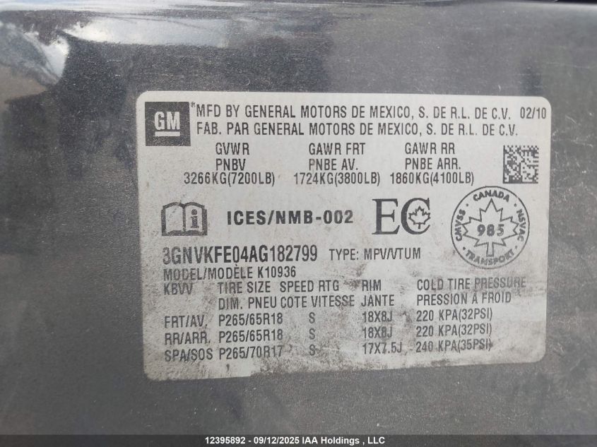 2010 Chevrolet Avalanche 1500 Lt VIN: 3GNVKFE04AG182799 Lot: 12395892