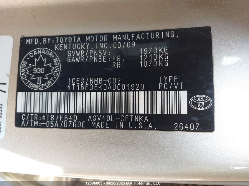 2010 Toyota Camry Le VIN: 4T1BF3EK0AU001920 Lot: 12396003