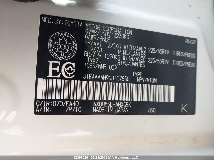 2022 Toyota Venza Le/Xle/Limited VIN: JTEAAAAH9NJ107850 Lot: 12396028