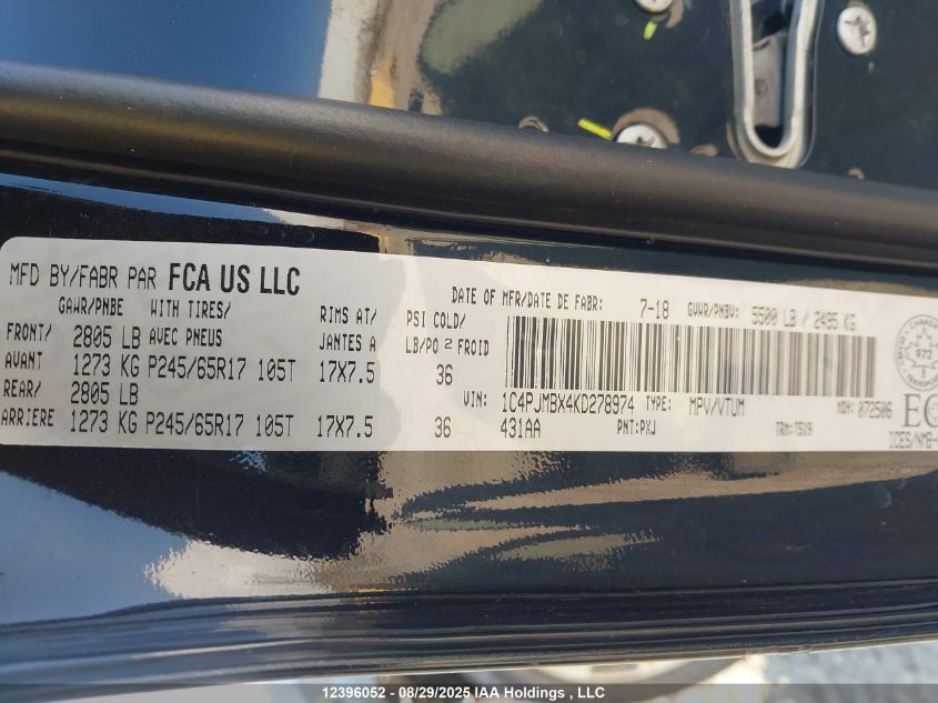 2019 Jeep Cherokee Trailhawk VIN: 1C4PJMBX4KD278974 Lot: 12396052