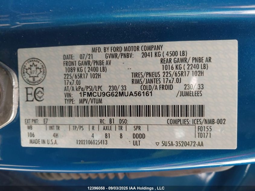 2021 Ford Escape Se VIN: 1FMCU9G62MUA56161 Lot: 12396058