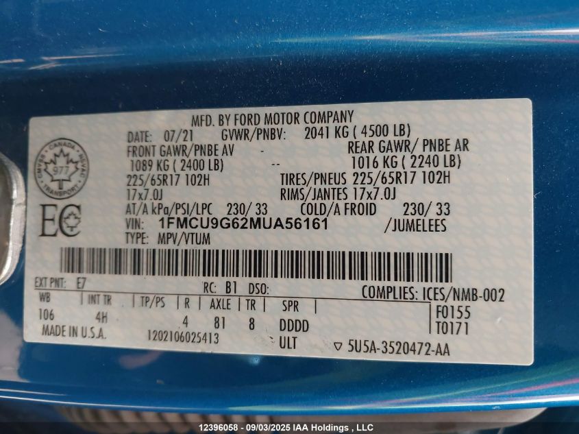 2021 Ford Escape Se VIN: 1FMCU9G62MUA56161 Lot: 12396058