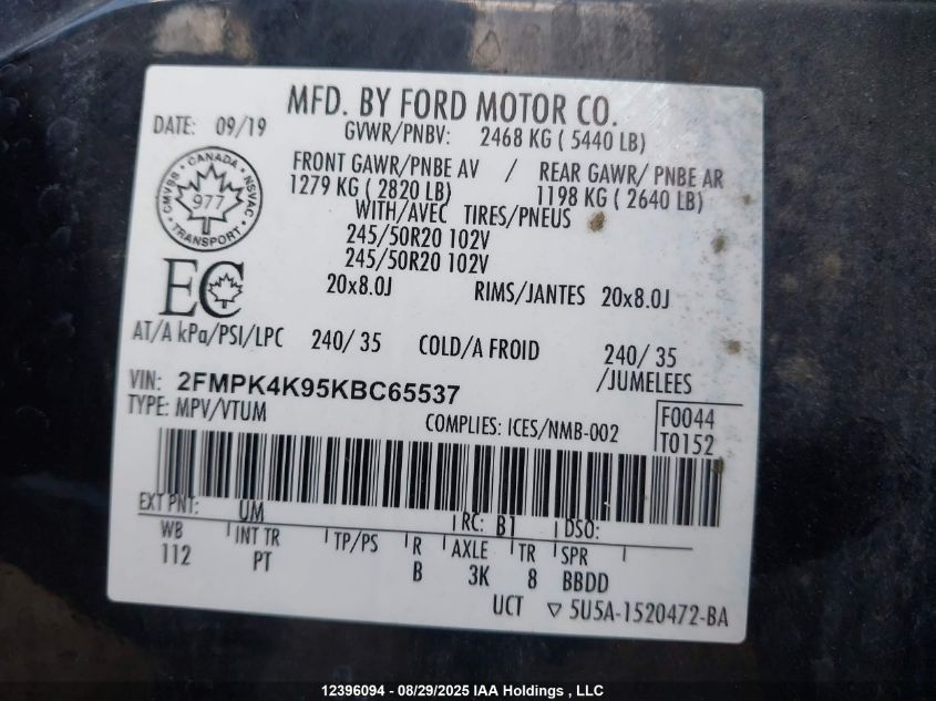 2019 Ford Edge Titanium VIN: 2FMPK4K95KBC65537 Lot: 12396094