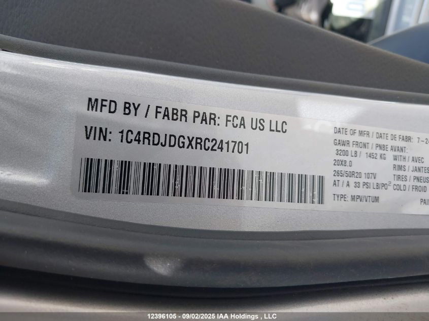 2024 Dodge Durango Gt Plus VIN: 1C4RDJDGXRC241701 Lot: 12396105