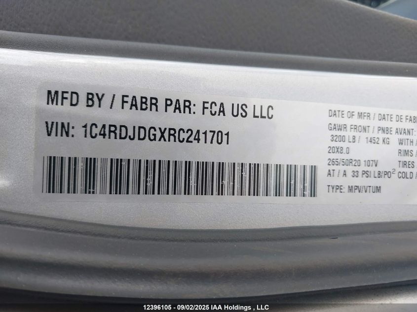 2024 Dodge Durango Gt Plus VIN: 1C4RDJDGXRC241701 Lot: 12396105