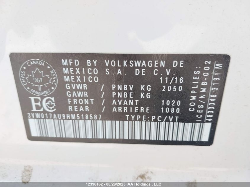 2017 Volkswagen Golf Sportwagen 1.8 Tsi Comfortline/1.8 Tsi Highline/1.8 Tsi Trendline VIN: 3VW017AU9HM518587 Lot: 12396162