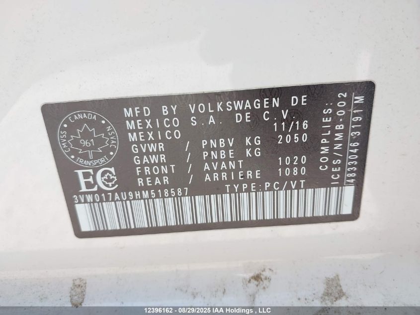 2017 Volkswagen Golf Sportwagen 1.8 Tsi Comfortline/1.8 Tsi Highline/1.8 Tsi Trendline VIN: 3VW017AU9HM518587 Lot: 12396162