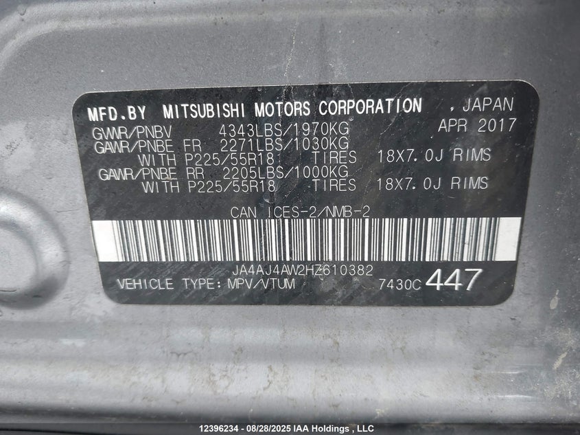 2017 Mitsubishi Rvr Se Limited/Gt VIN: JA4AJ4AW2HZ610382 Lot: 12396234