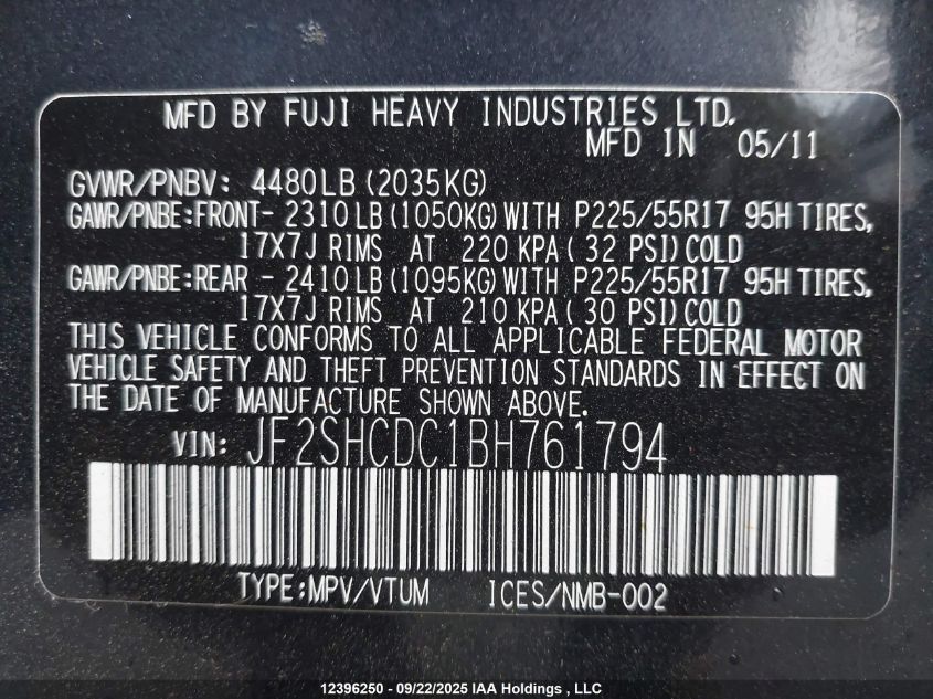 2011 Subaru Forester VIN: JF2SHCDC1BH761794 Lot: 12396250
