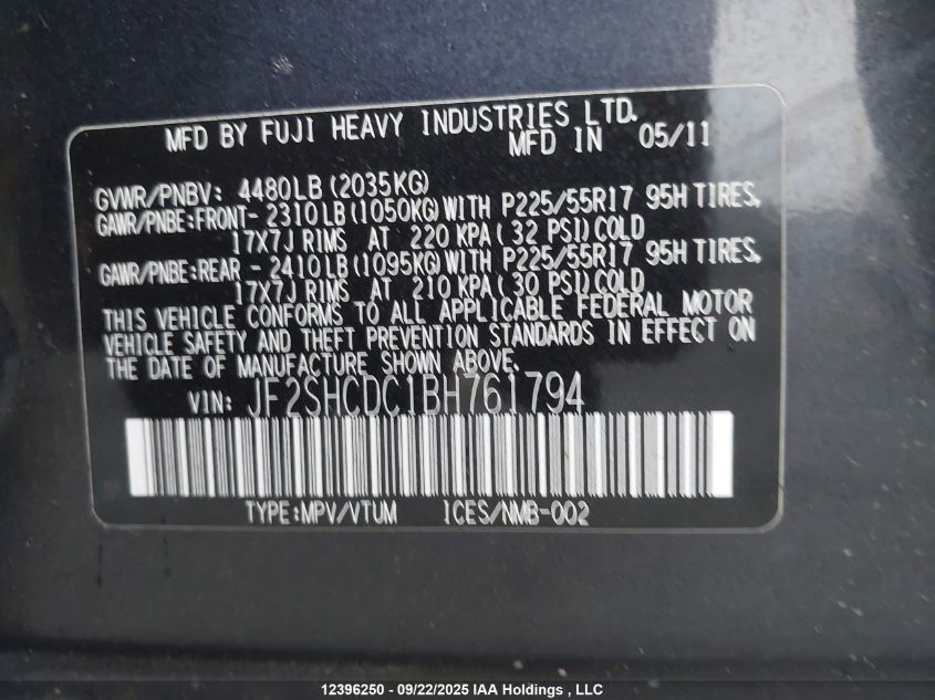 2011 Subaru Forester VIN: JF2SHCDC1BH761794 Lot: 12396250