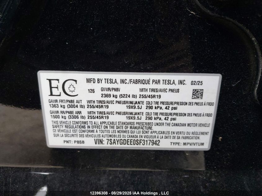 2025 Tesla Model Y VIN: 7SAYGDEE0SF317942 Lot: 12396308