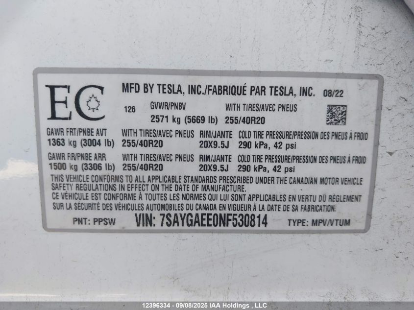 2022 Tesla Model Y Long Range VIN: 7SAYGAEE0NF530814 Lot: 12396334