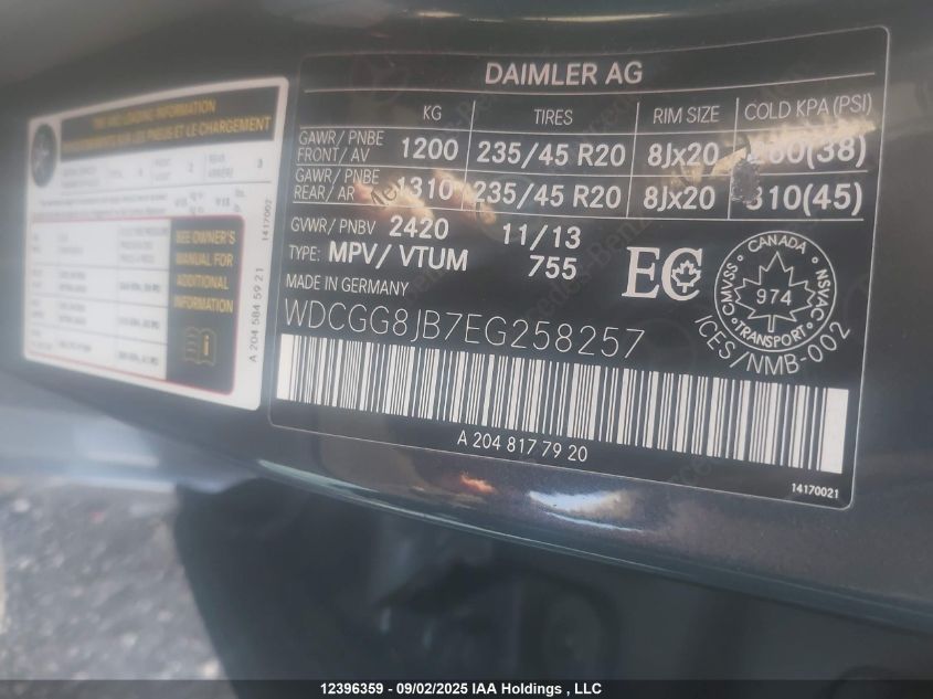 2014 Mercedes-Benz Glk 350 4Matic VIN: WDCGG8JB7EG258257 Lot: 12396359
