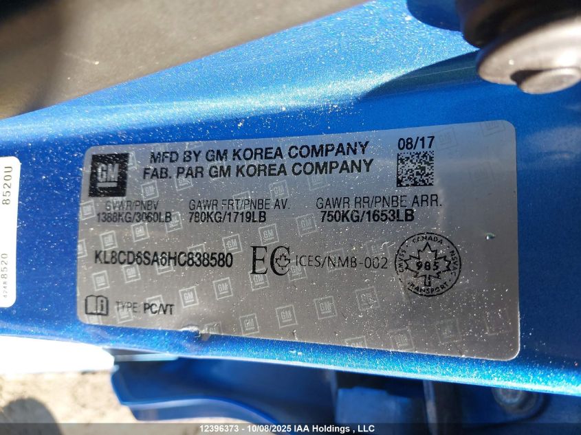 2017 Chevrolet Spark VIN: KL8CD6SA6HC838580 Lot: 12396373