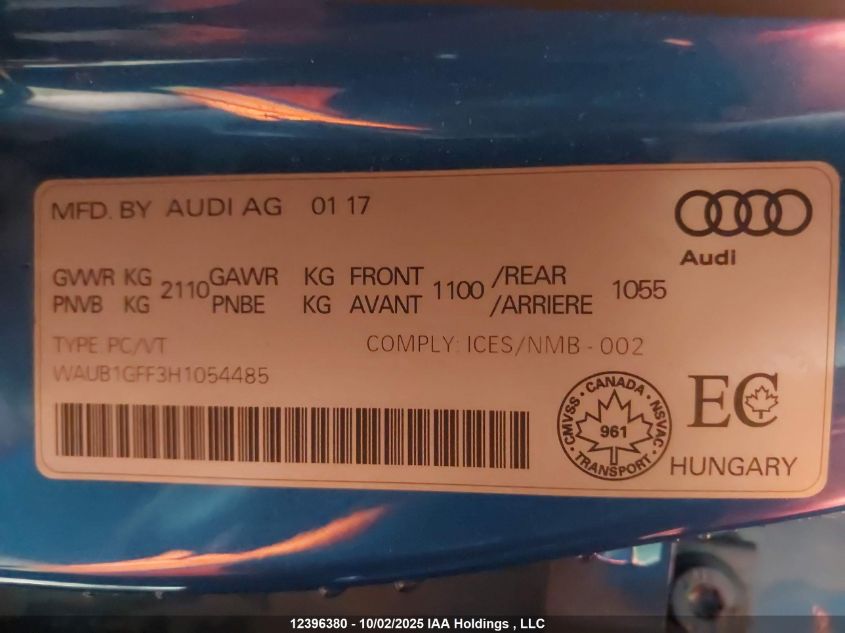 2017 Audi S3 Premium Plus VIN: WAUB1GFF3H1054485 Lot: 12396380