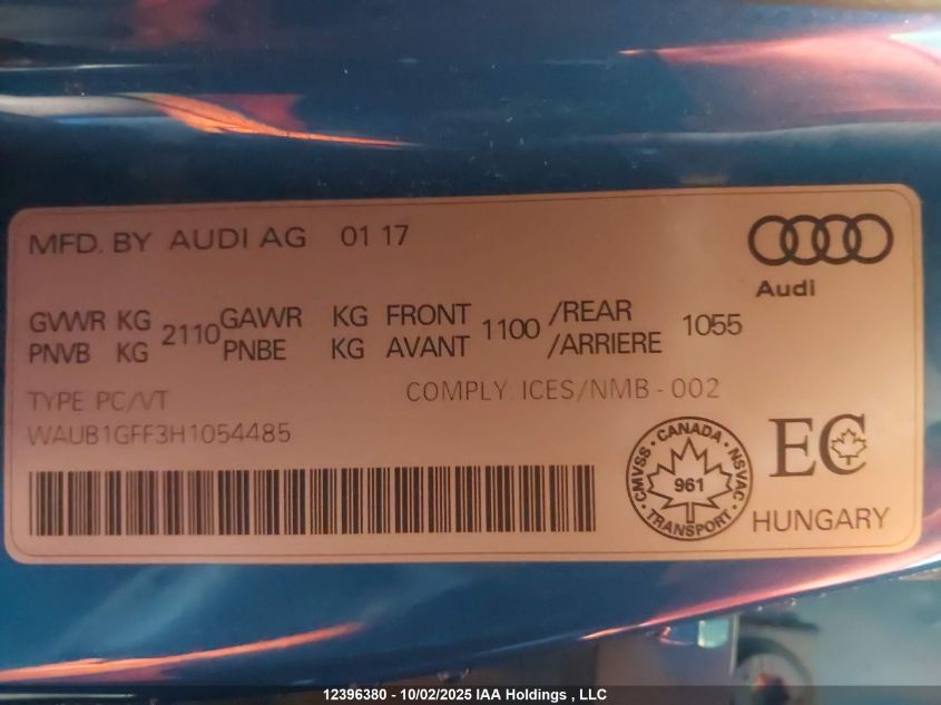 2017 Audi S3 Premium Plus VIN: WAUB1GFF3H1054485 Lot: 12396380