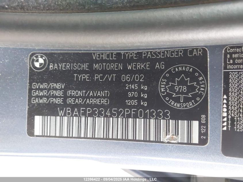 2002 BMW 325Xit VIN: WBAEP33452PF01333 Lot: 12396422
