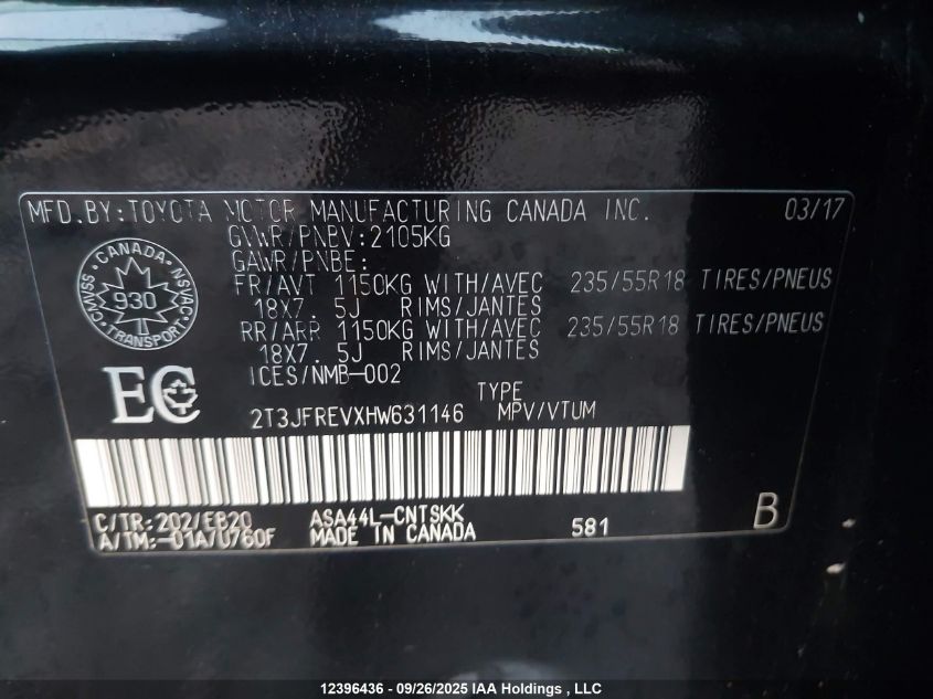 2017 Toyota Rav4 Se VIN: 2T3JFREVXHW631146 Lot: 12396436